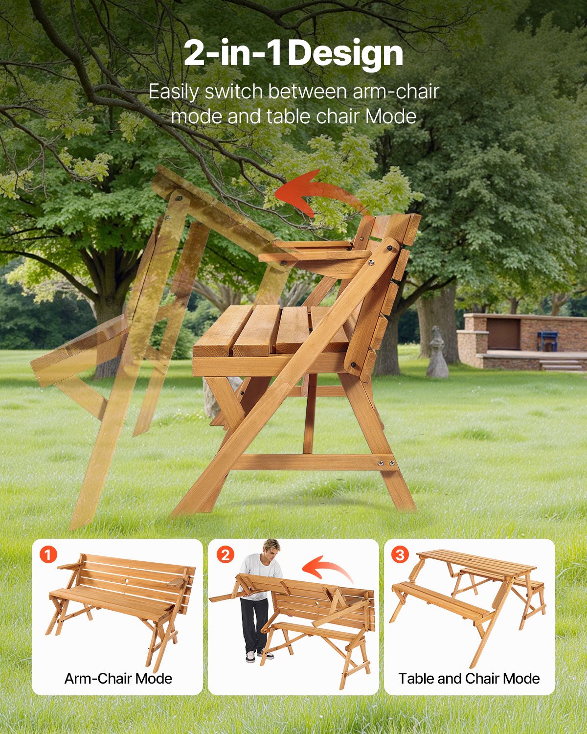 2-in-1 Transforming Interchangeable Picnic Table Wooden Table Bench Set Outdoor