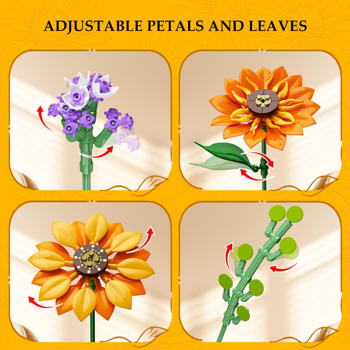 Flower-shaped objects with adjustable petals and leaves on a beige background