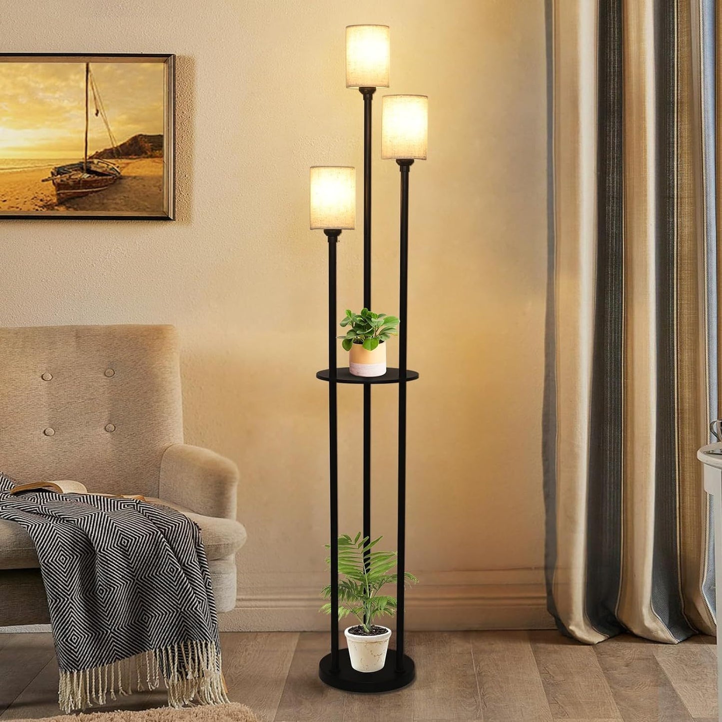 Floor Lamp With Shelf, Floor Lamp For Modern Living Room, 3 Light Standing Lamp With Linen Shade And Foot Switch Unavailable Platforms- Welfel