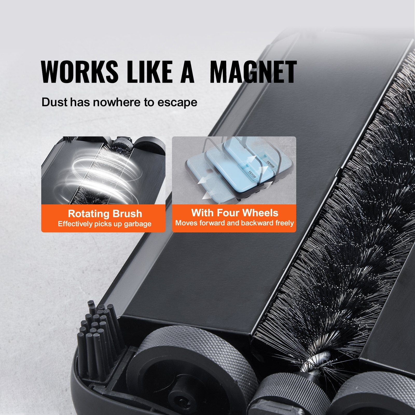 Cleaning tool with rotating brush and wheels, highlighting features like 'works like a magnet' and 'rotating brush'.