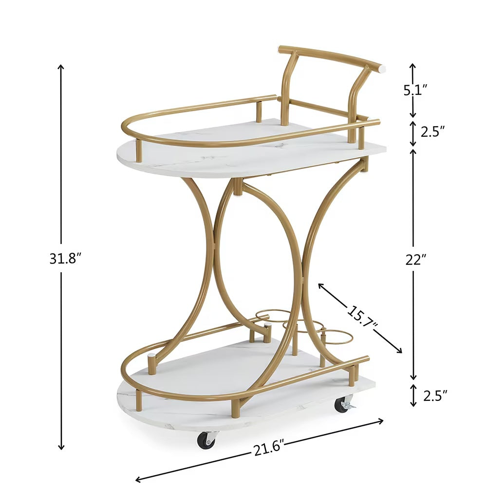 2 Tier Bar Car, Golden Wine Cart with Wine Rack & Glass Rack, Mobile Bar Service Car, Party, Home, Living Room Rolling Drink Car