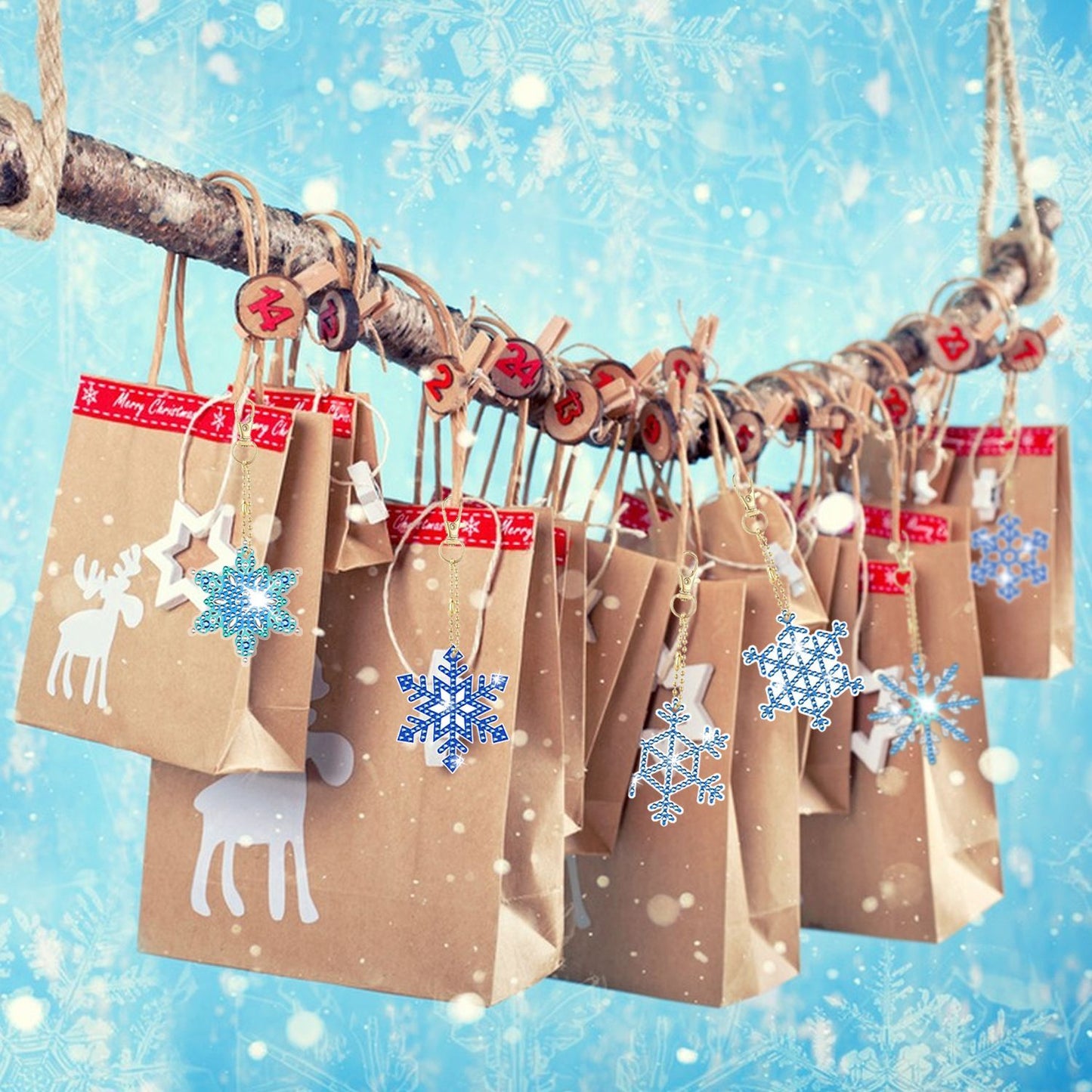 12 Packs Snowflake Rhinestones Painting Keychain Kits 12 Styles Snowflake Pendants DIY 5D Rhinestones Art Hanging Ornament For Xmas Tree Unique Double Sided Craft Party Favor Supplies