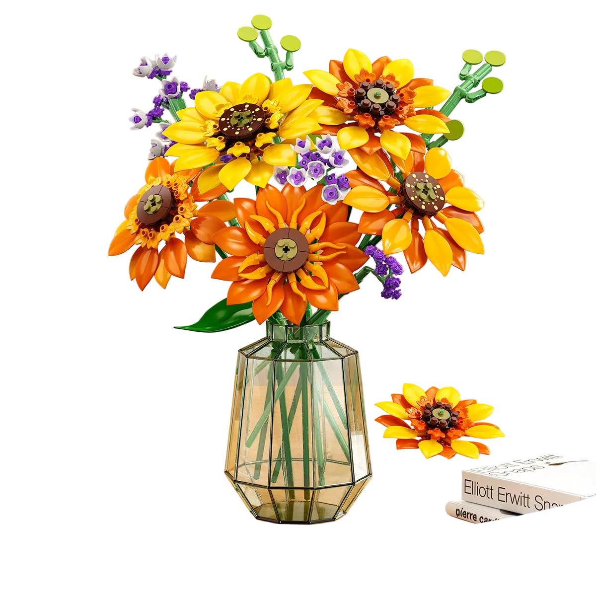 Bouquet of artificial sunflowers in a geometric vase on a table with a couch in the background.