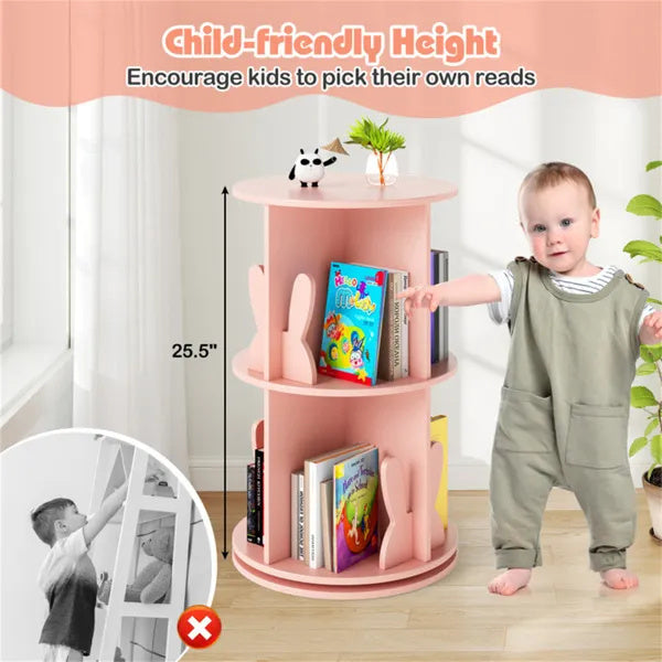 2-Tier Kids Rotating Bookshelf - Display For Books Toys, Bunny Baffles Child-Friendly Height, 22 Lbs Net Weight