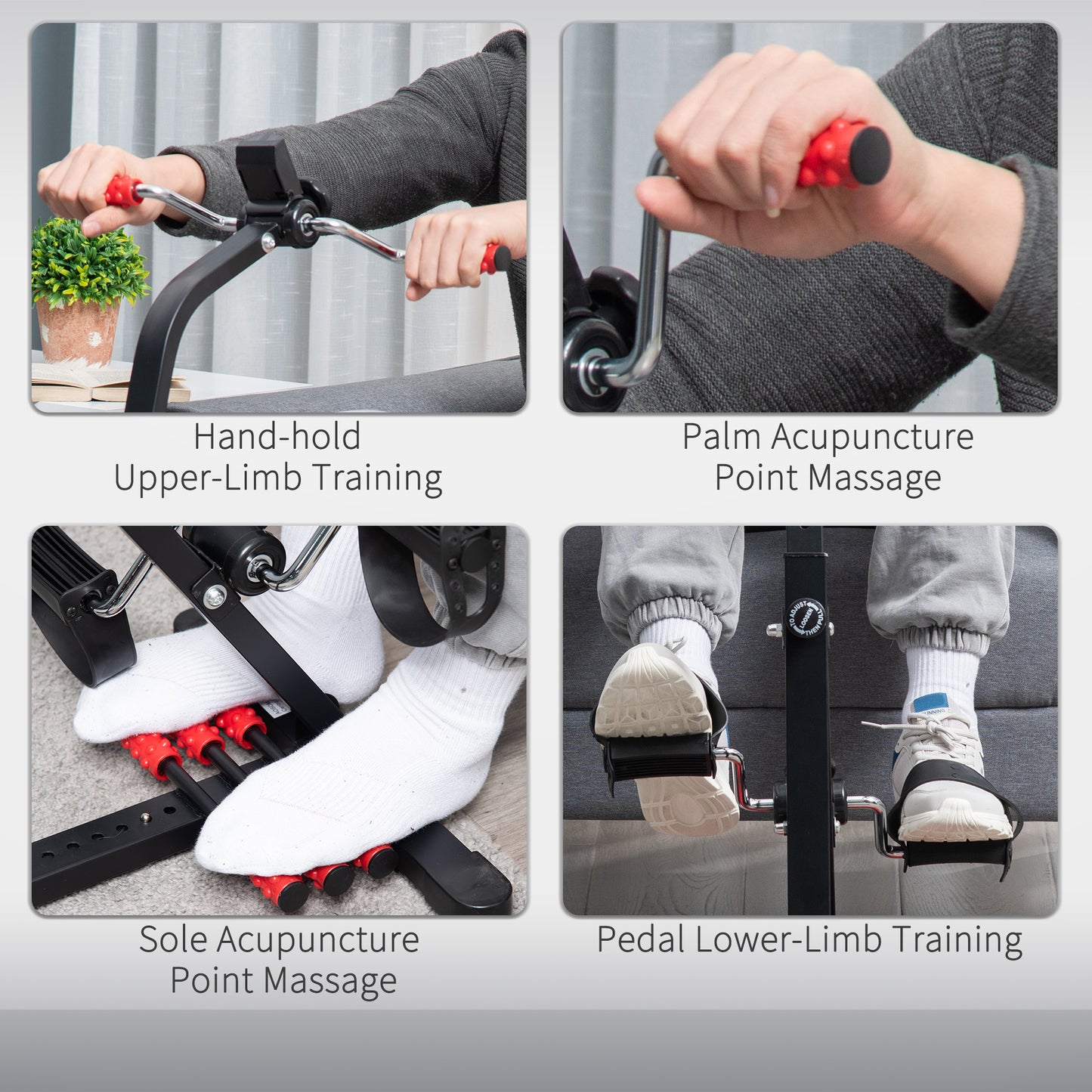 Multifunctional exercise machine with various attachments for arm, hand, foot, and leg exercises.
