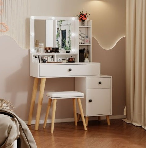 Dressing Table With Hollywood LED Mirror, Light Adjustable Brightness, Dressing Table, Padded Stool Set, White, Wooden Cosmetic Table With Drawer And Storage Cabinet