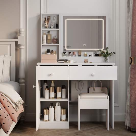 Fashion Vanity Desk With Mirror And Lights For Makeup, Vanity Mirror With Lights And Table Set With 3 Color Lighting Brightness Adjustable, 2 Big Drawers, White Color