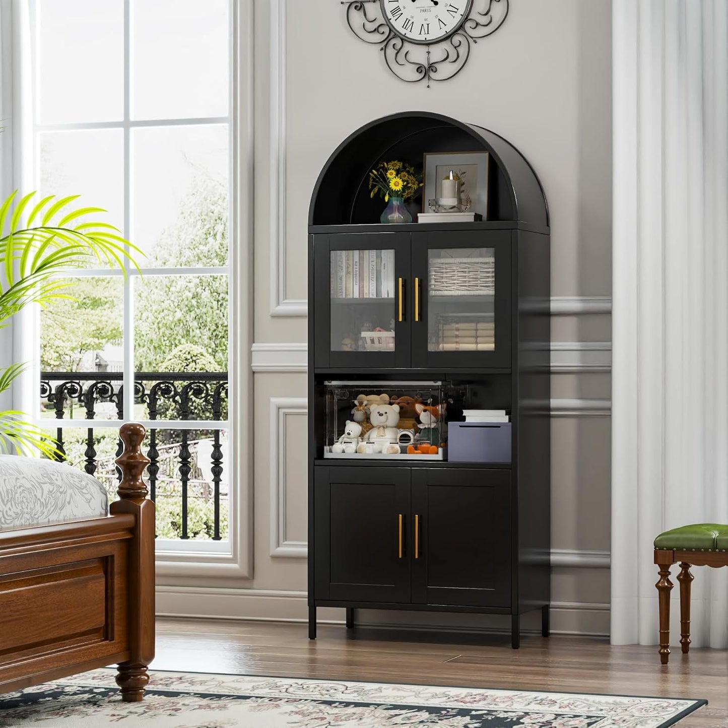 73 In Tall Metal Arched Cabinet, Kitchen Pantry Cabinet With Glass Door, Modern Farmhouse Arched Bookcase With 2 Adjustable Shelves For Living Room, Black, Assembly Required
