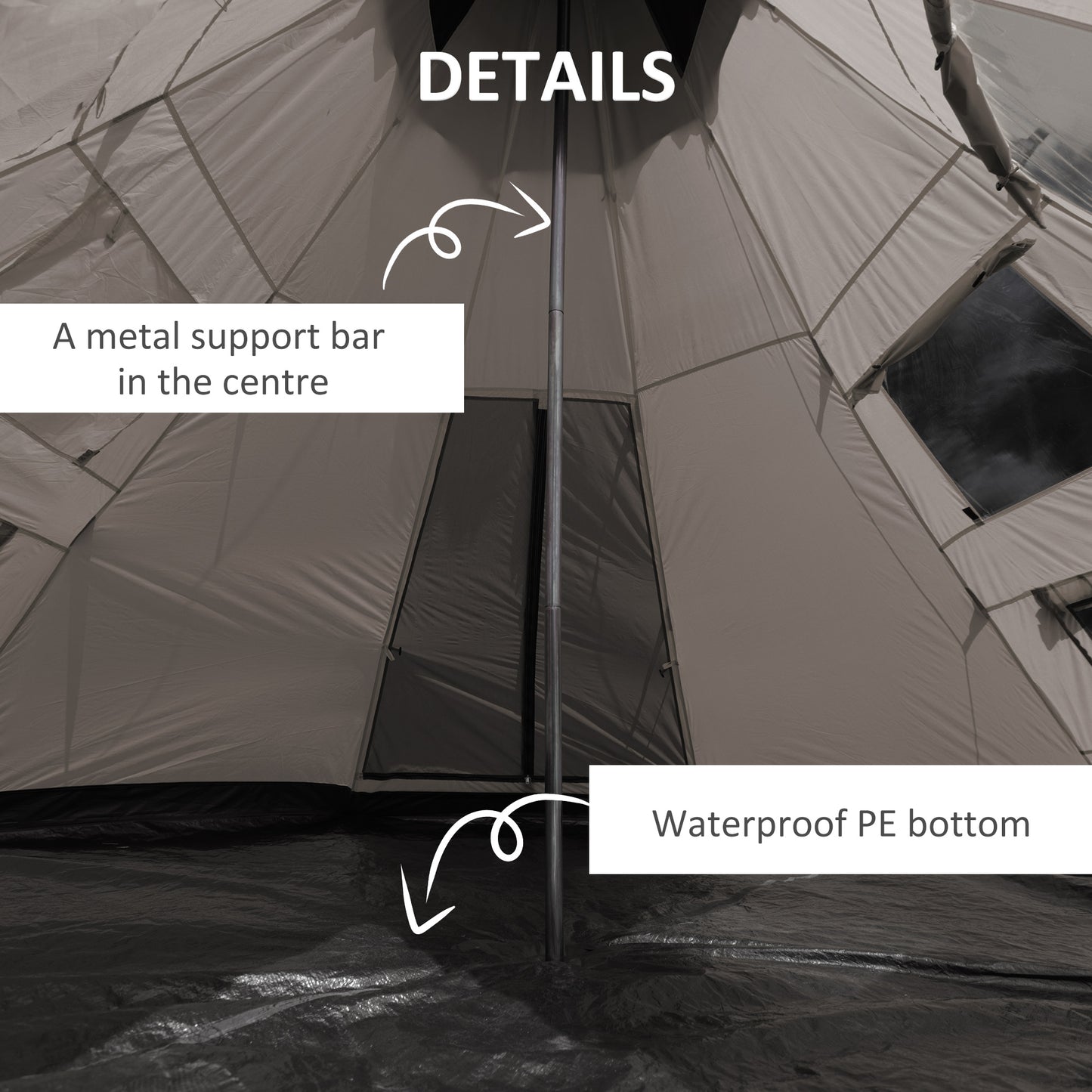 Camping tent with metal support bar and waterproof PE bottom highlighted