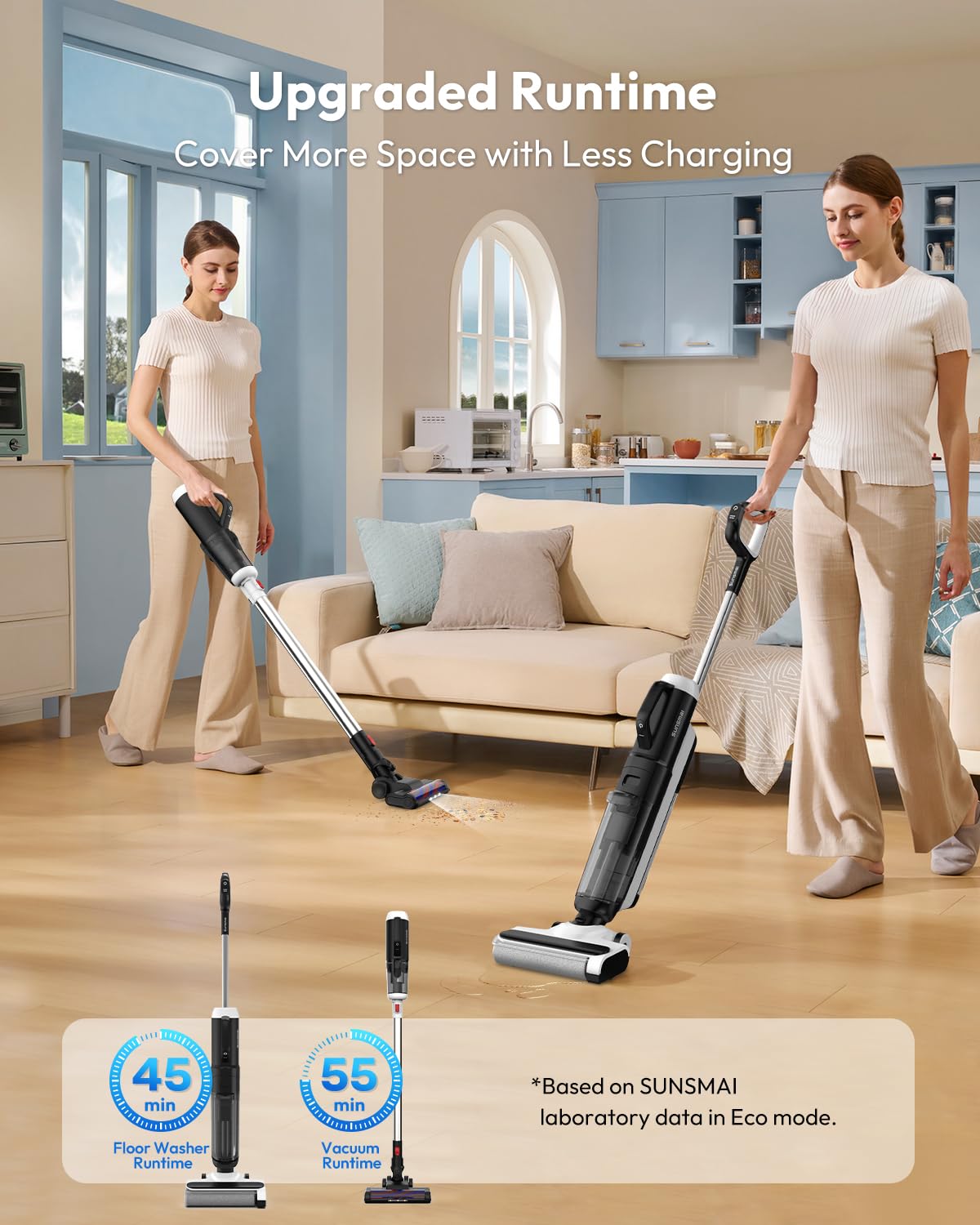 Two women using cordless vacuum cleaners in a living room with text about upgraded runtime and charging time.