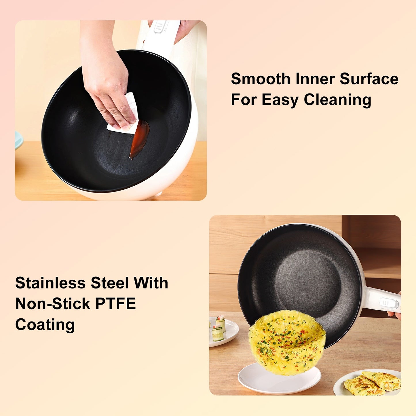 Electric Hot Pot Non-Stick Frying Pan Portable Rapid Noodles Cooker With Long Handle Steamer Spatula Dual Power Control Overheat Dry-Boil Protection For College Dorm Room Essential
