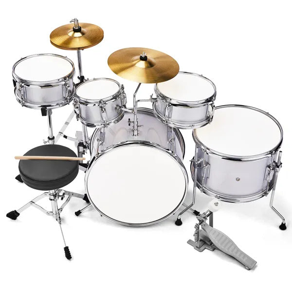 5-Pieces Junior Kids Drum Set Kit Pedal Drum Stick Wrench Drum Stool Silver