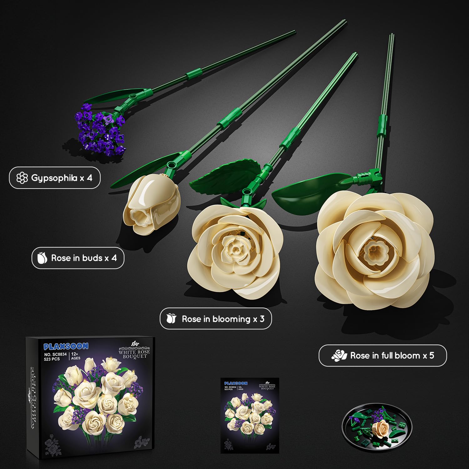 Toy gardening set with roses and tools on a dark background