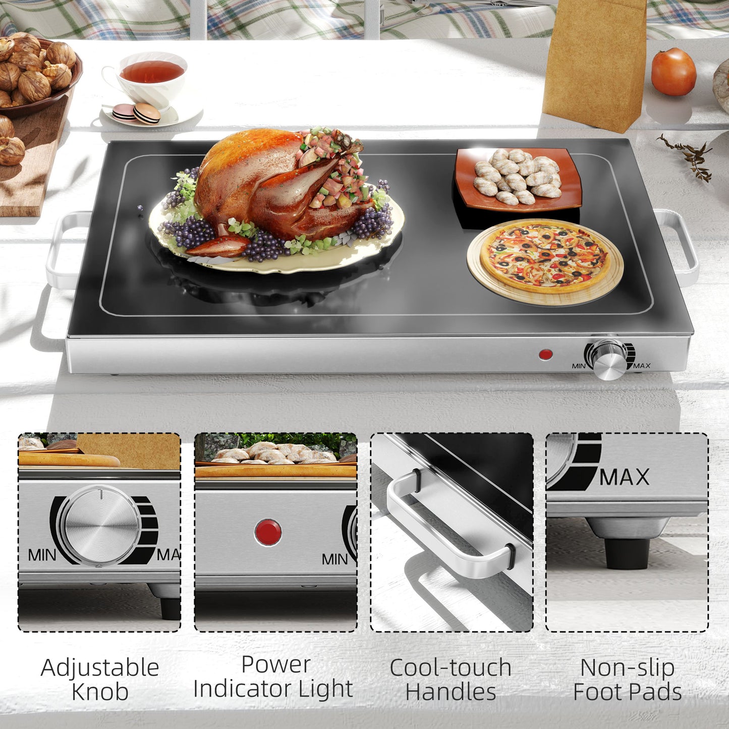 Food Warmer with Adjustable Temperature, Electric Warming Tray with Cool-Touch Handles for Parties, Buffets, Black