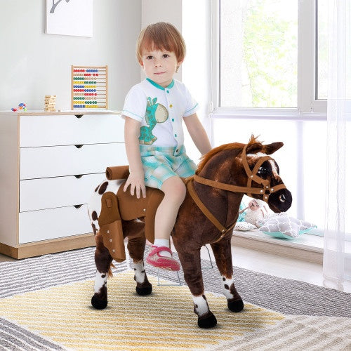 Qaba Sound-Making Ride On Horse For Toddlers 3-5, With Neighing And Galloping Sound, Stuffed Animal Horse Toy For Kids With Padding, Soft Feel, Brown
