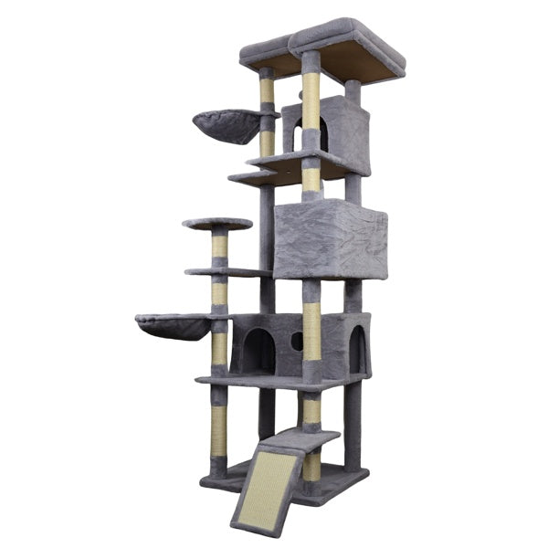 4.6 In Dark Gray Cat Tree Tower With Wide Base, 3 Large Hinding Condo, 11 Sisal Scratching Post, Sisal Scratching Ladder, 2 Hammocks, Large Top Platform, Many Landing Perch And Interactive Toy