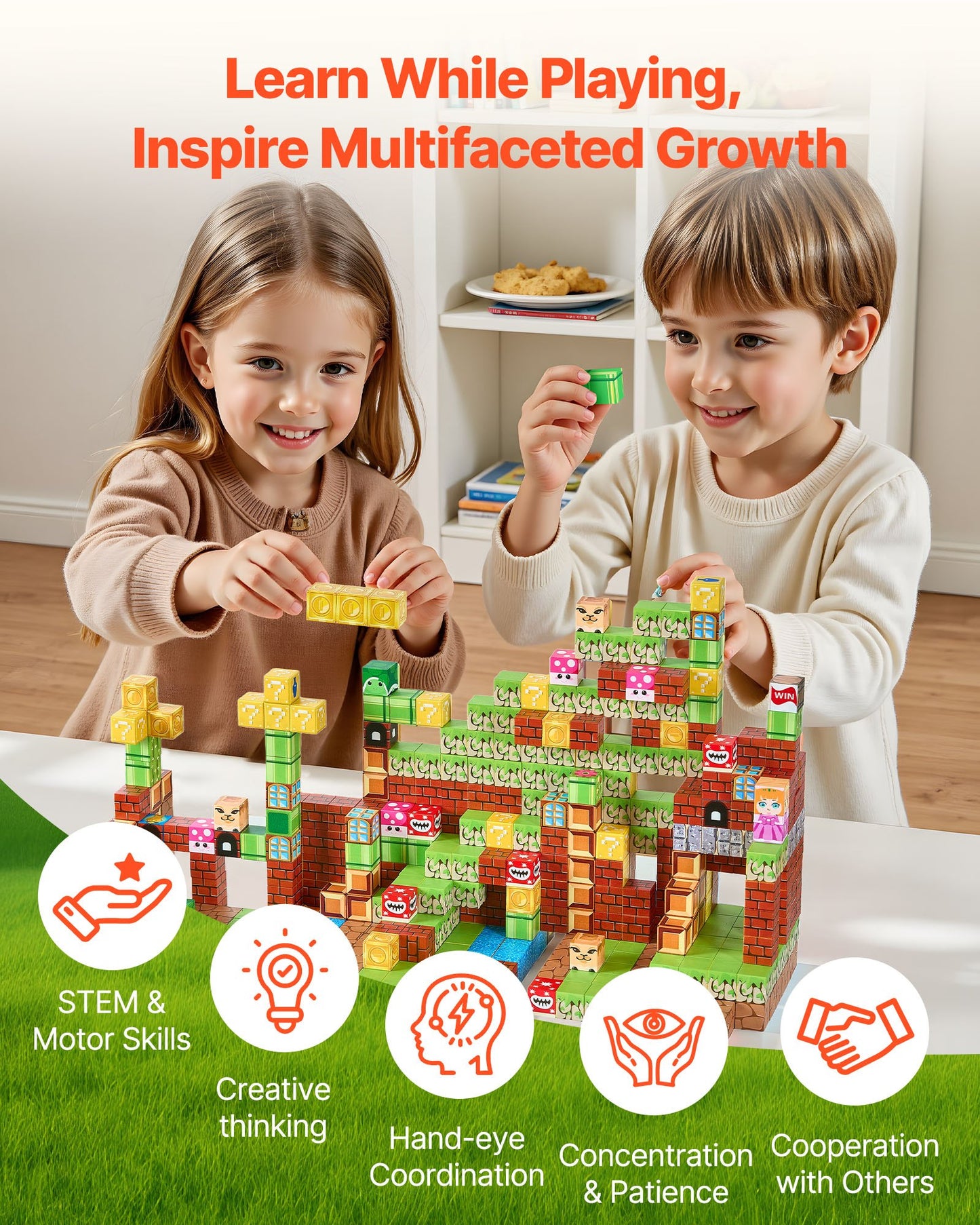 Two children playing with building blocks, surrounded by educational icons and text about learning benefits.