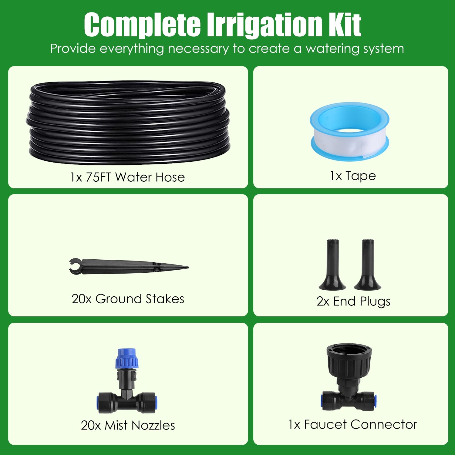 Complete irrigation kit with water hose, tape, ground stakes, end plugs, mist nozzles, and faucet connector on a green background.