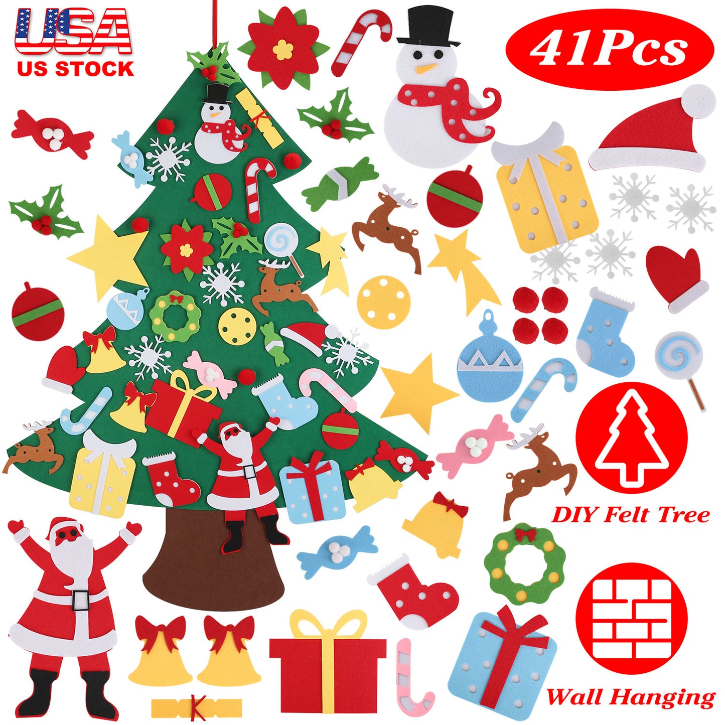 DIY Felt Christmas Tree 41Pcs Detachable Ornaments For Kids Toddler Wall Hanging Christmas Decoration Xmas Gift