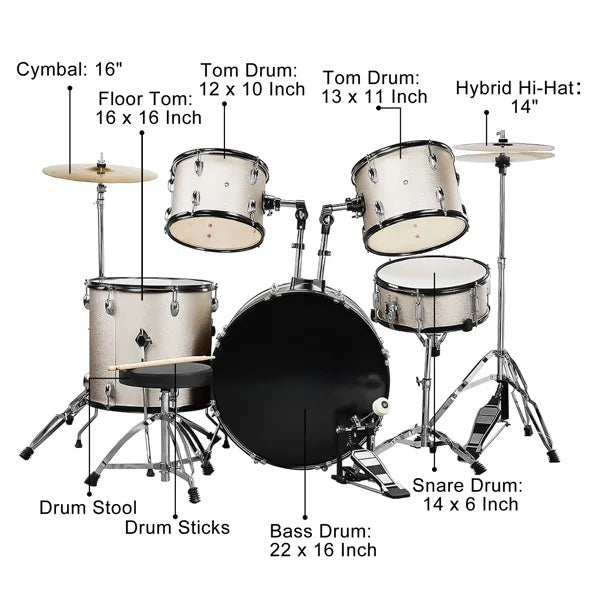 Full Size AdultDrum Set 5-Piece Silver With Bass Drum, Two Tom Drum, Snare Drum, Floor Tom, Stool, Drum Pedal, Sticks