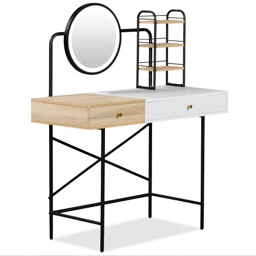Makeup Vanity Desk With 3-Mode Lighted Mirror & Wireless Charging Station , Vanity Table With Drawer & 3 Open Shelves For Ample Storage Space