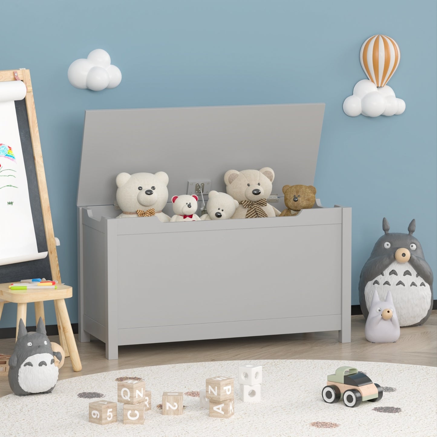 Kids Wooden Toy Box Storage With Safety Hinged Lid Gray