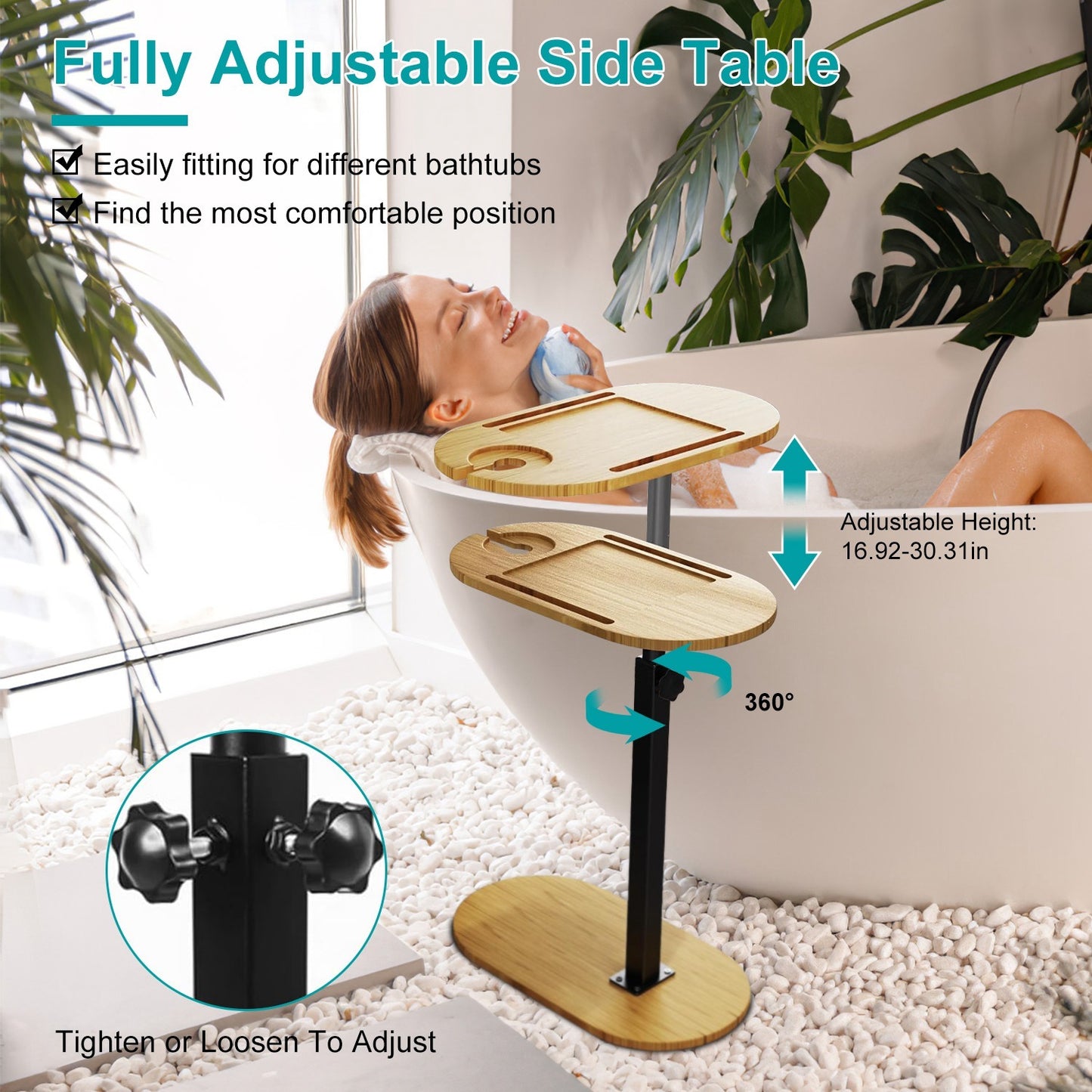 1Pc C-Shaped Bathtub Tray Table With Adjustable Height 360Degree Rotatable Desktop Freestanding Bath Caddy Against Wall Couch Bed Sofa Side Table
