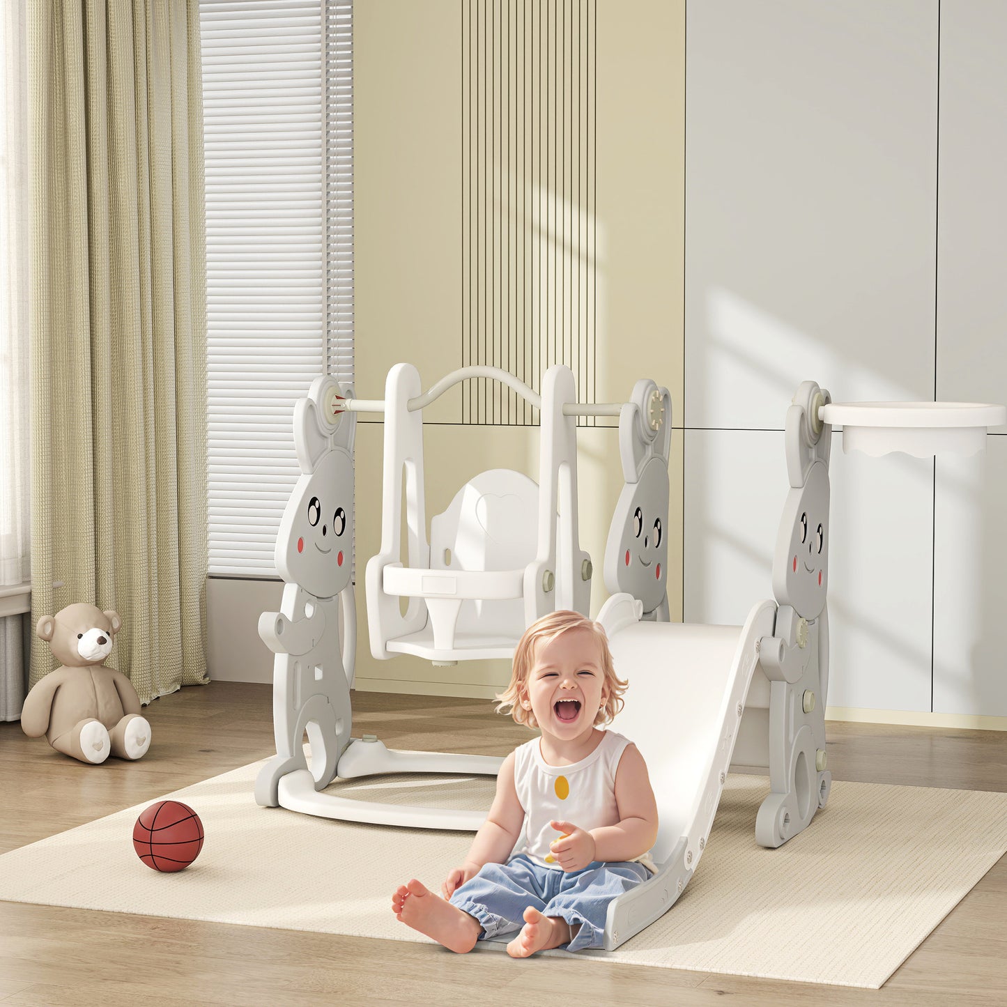 4 In 1 Toddler Slide And Swing Set With Climber, Basketball Hoop, Rabbit Themed Kids Playset For Ages 1.5-4, Gray