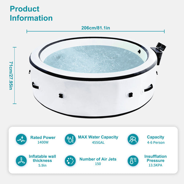 Inflatable Hot Tub Portable Spa Pool Outdoor Spa For 4-6 People With Cover Equipped With 6 Color Light Beads