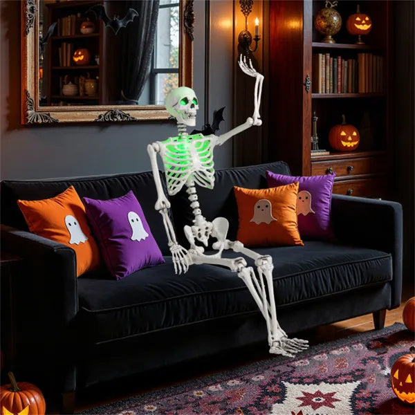 5.5ft Life-Size Pre-Lit Halloween Skeleton - Built-In Green LED Lights  Eyes Chest , Fully Poseable Joints, PP PE Material