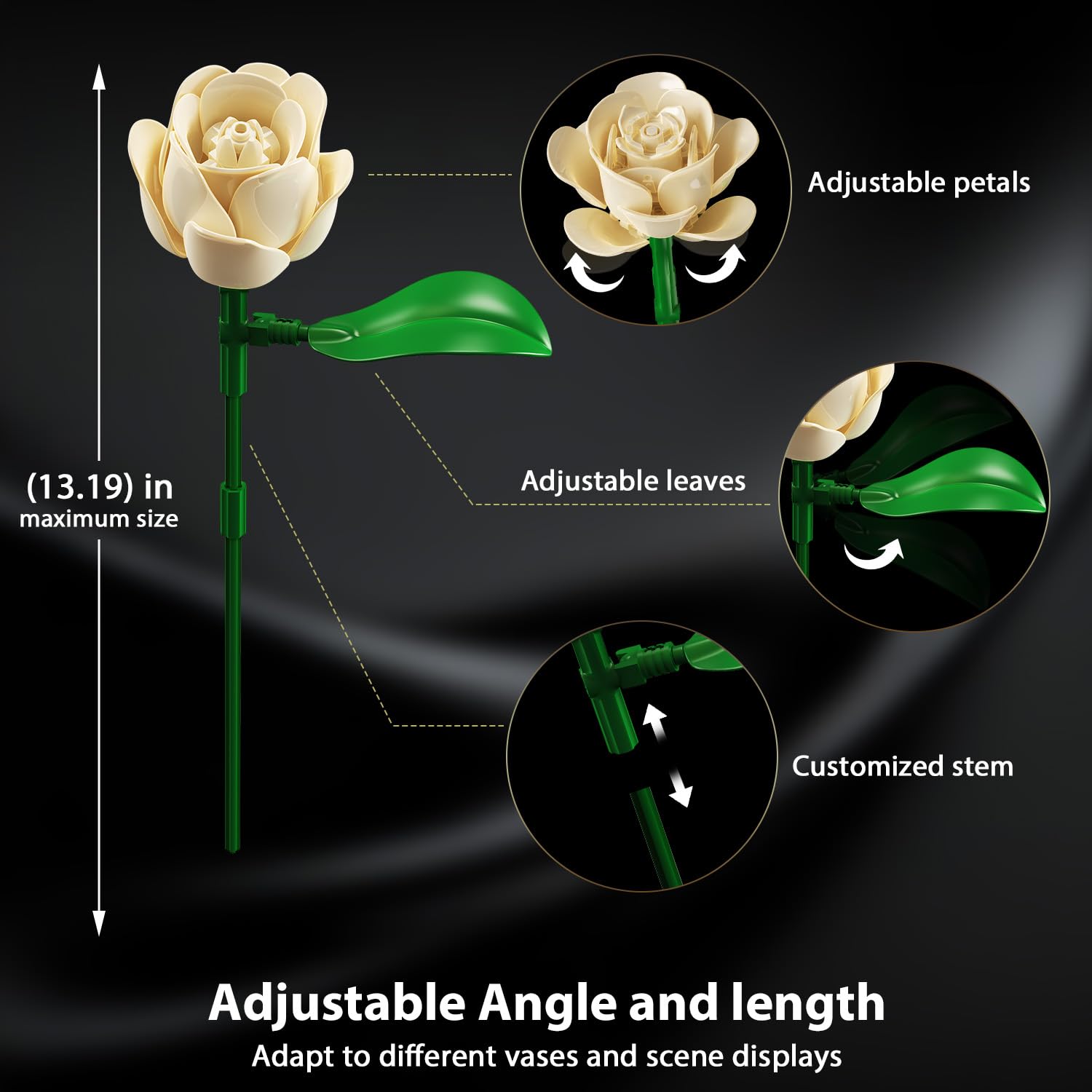 Decorative flower with adjustable petals, leaves, and stem on a black background