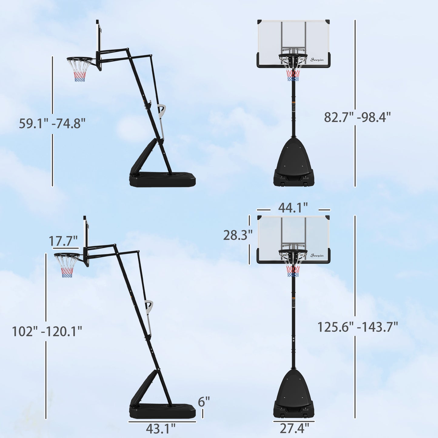 Basketball hoop with adjustable height and backboard dimensions on a blue sky background