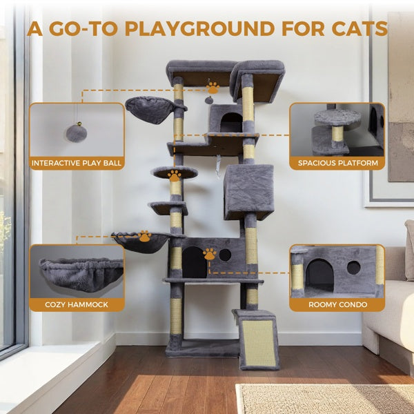 4.6 In Dark Gray Cat Tree Tower With Wide Base, 3 Large Hinding Condo, 11 Sisal Scratching Post, Sisal Scratching Ladder, 2 Hammocks, Large Top Platform, Many Landing Perch And Interactive Toy