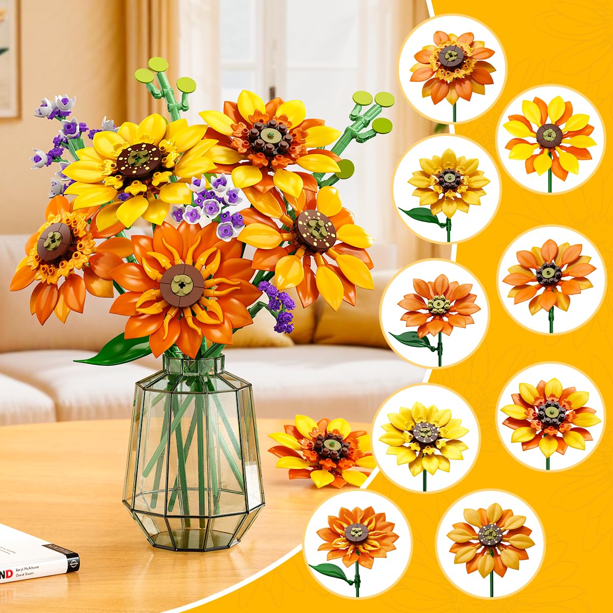 Bouquet of sunflowers in a vase with close-up insets on a yellow background