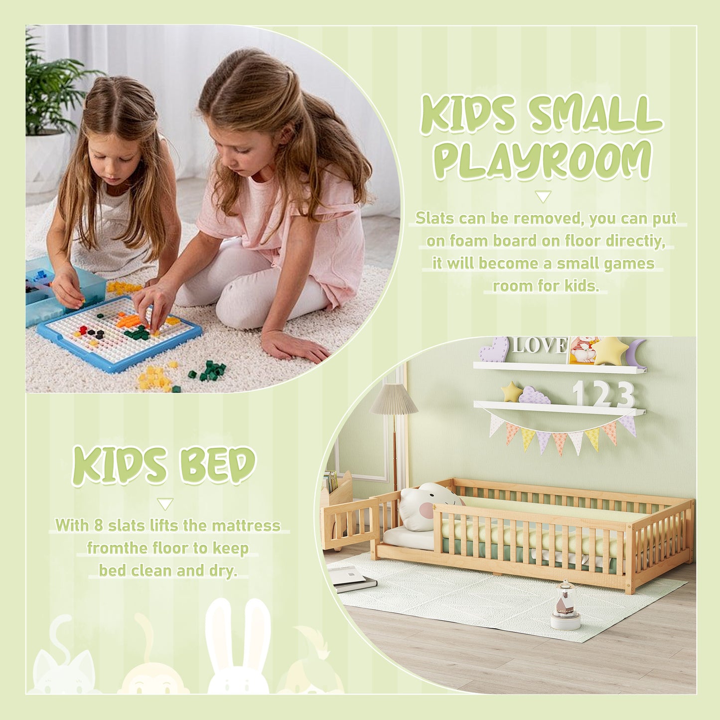Twin Size Bed Floor Bed With Safety Guardrails And Door For Kids, Natural