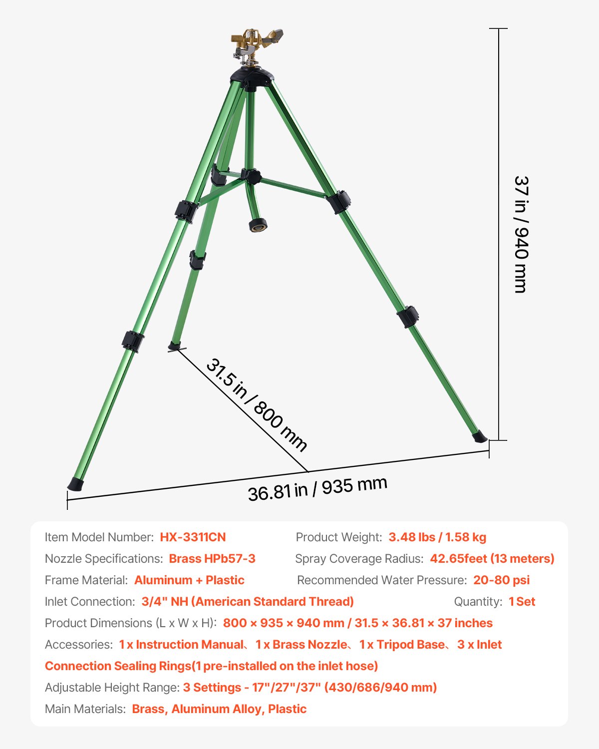 VEVOR Impact Sprinkler On Tripod Base, Heavy Duty Tripod Sprinklers With Brass Head &  Connector, 360 Degree Large Area Coverage Irrigation Sprinkler, Adjustable Heights Sprinkler For Yard Green