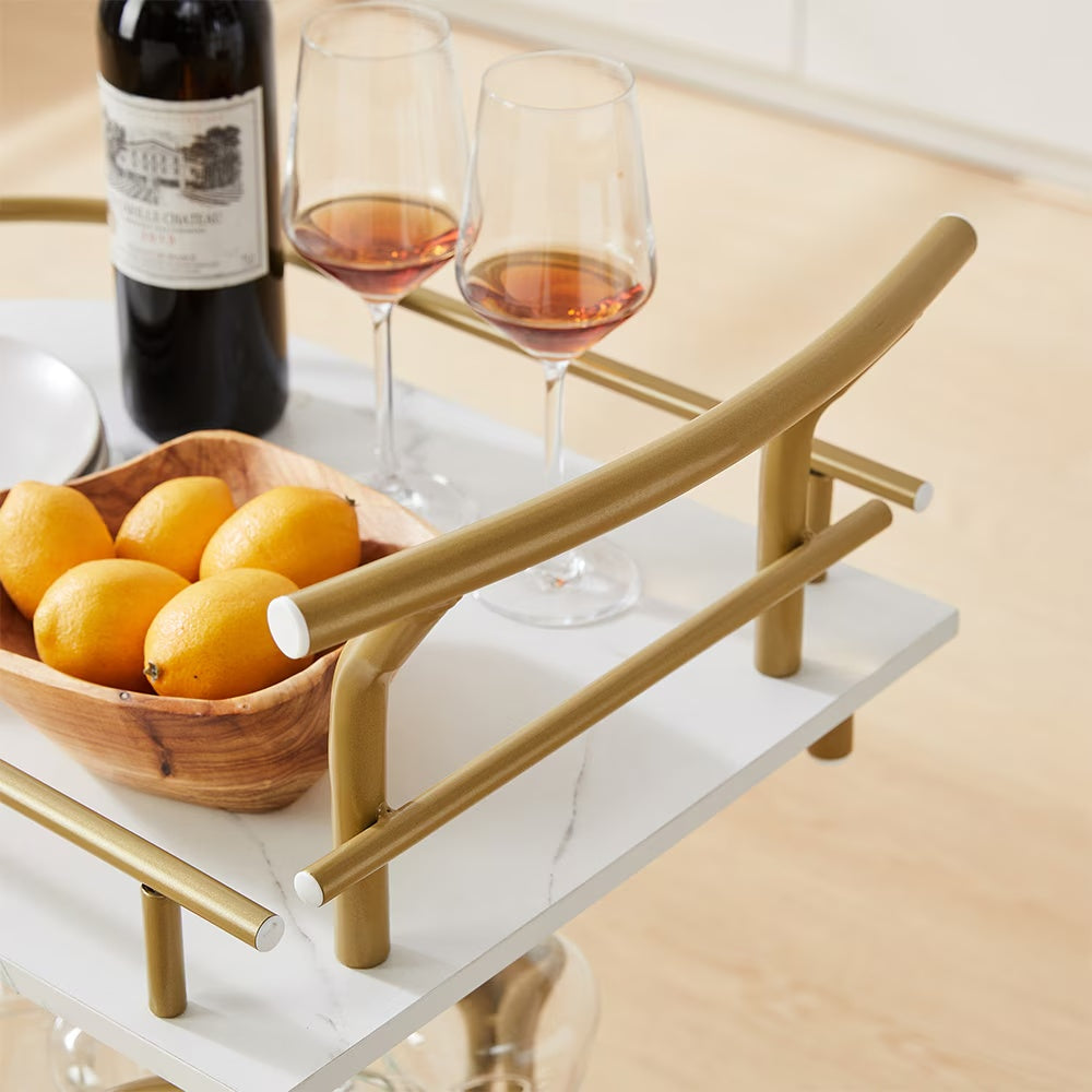 2 Tier Bar Car, Golden Wine Cart with Wine Rack & Glass Rack, Mobile Bar Service Car, Party, Home, Living Room Rolling Drink Car