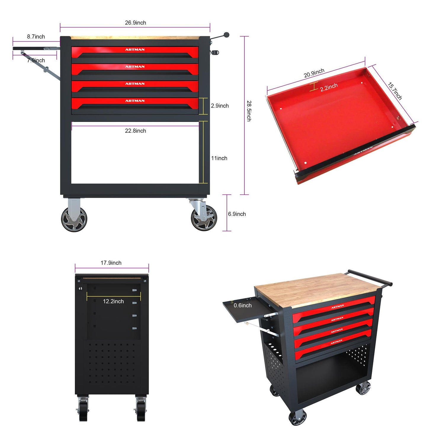 4 Drawer Multi-Purpose Utility Cart With Wheels And Wooden Top