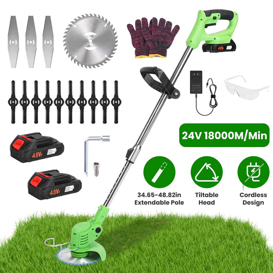 24V 300W Cordless Grass Trimmer Rechargeable Lawn Mower 18000M Min Weed Cutter With Saw Blade 2 Stainless Steel Blades 10 Plastic Blades 2 Rechargeable Batteries Goggles Gloves