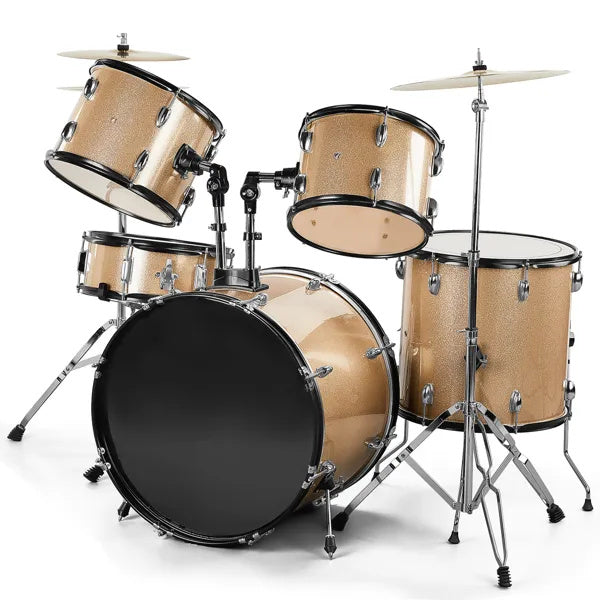 Full Size AdultDrum Set 5-Piece Champagne With Bass Drum, Two Tom Drum, Snare Drum, Floor Tom, Stool, Drum Pedal, Sticks