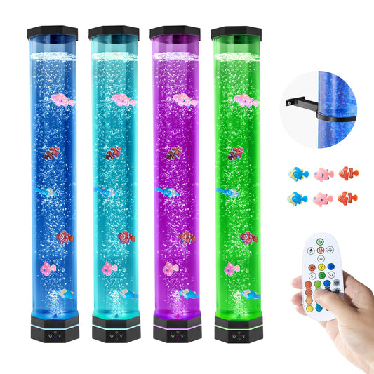 Four colorful tube lights with bubble effects and remote control on a white background