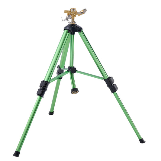 Green adjustable tripod with a sprinkler head on a white background