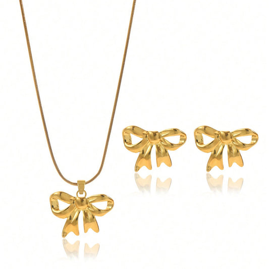 Lxalry 18K Gold Plated Bow Mirror Jewelry Set  Hypoallergenic Skin Safe Necklace  Earrings For Weddings Gifting, Never Fade Adjustable Luxury With Precision-Cast Ribbon