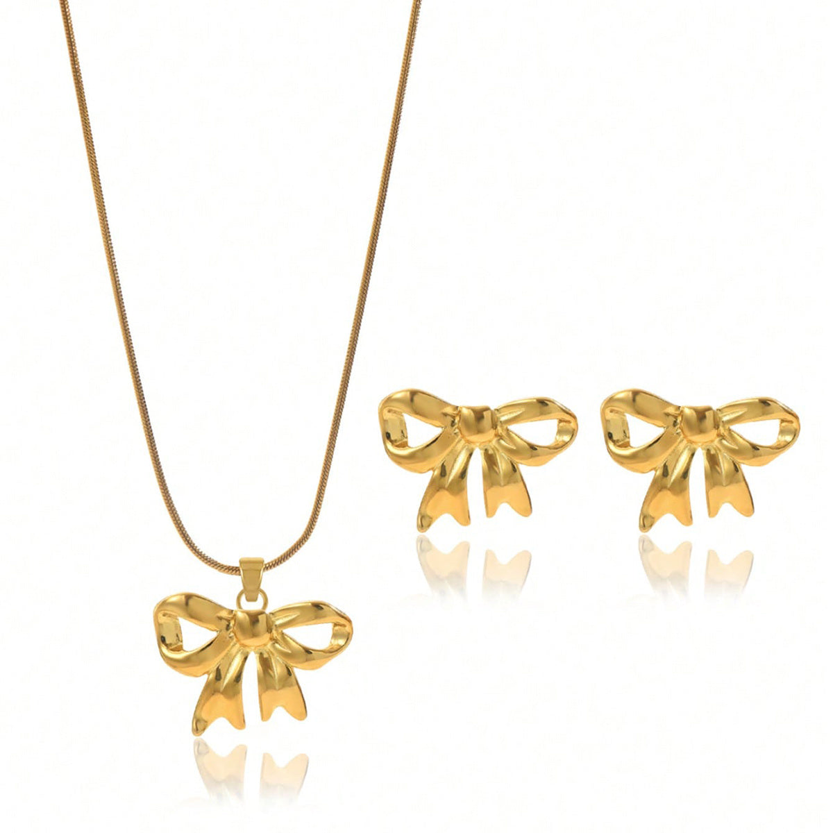 Lxalry 18K Gold Plated Bow Mirror Jewelry Set  Hypoallergenic Skin Safe Necklace  Earrings For Weddings Gifting, Never Fade Adjustable Luxury With Precision-Cast Ribbon