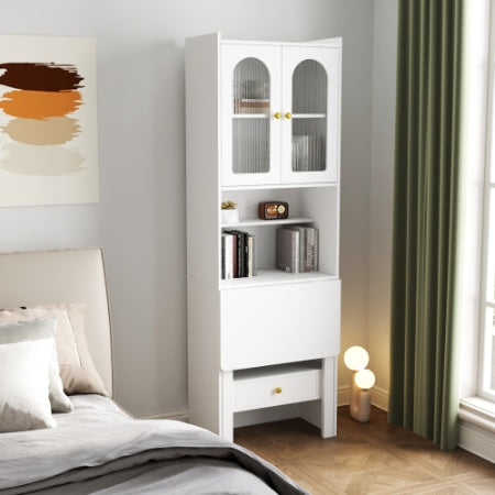 Fold-Out Convertible Writing Table, Desk Cabinet With Shelf And Drawer Multi-Function Home Office Workstation