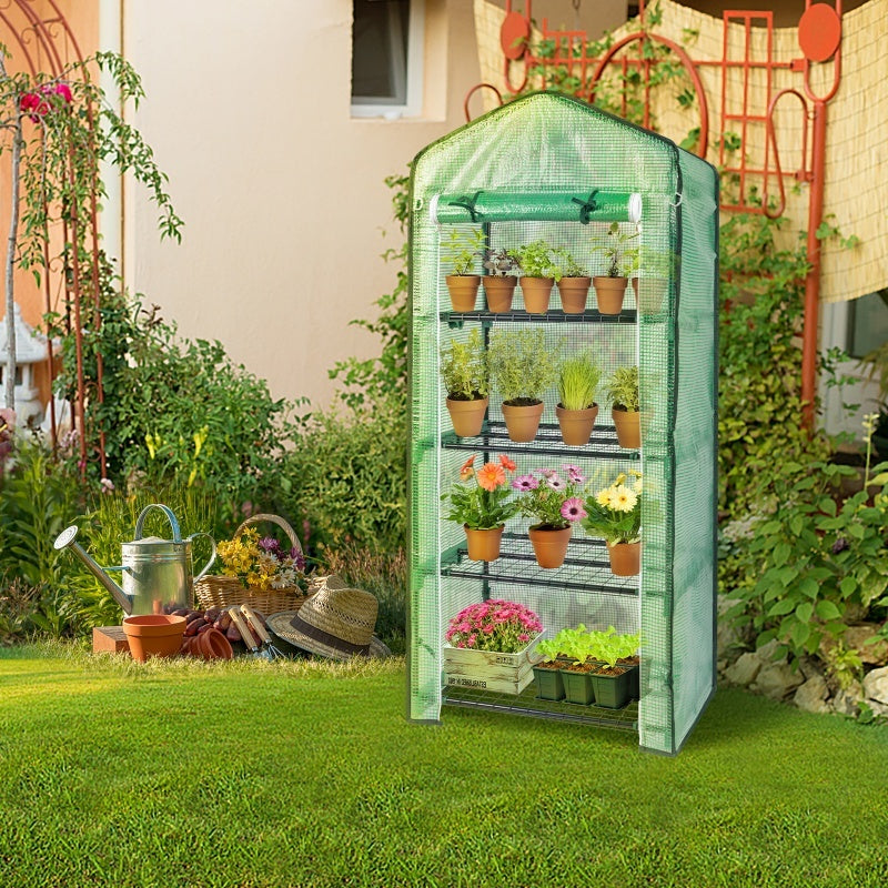 69x49x160cm PE Fabric Flower Room, Black Iron Pipe Pointed Mini Strip, 4-layer Grid Flower Rack With Zipper Roll Door