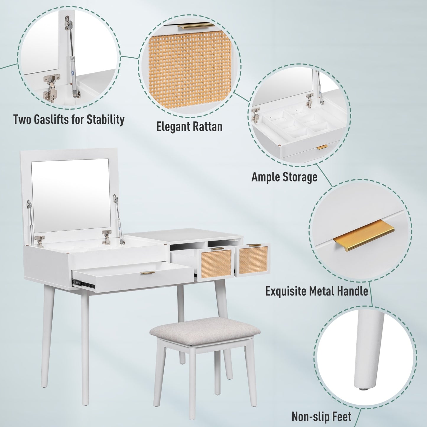43.3 Wood Makeup Vanity Set With Flip-Top Mirror, Stool   3 Drawers