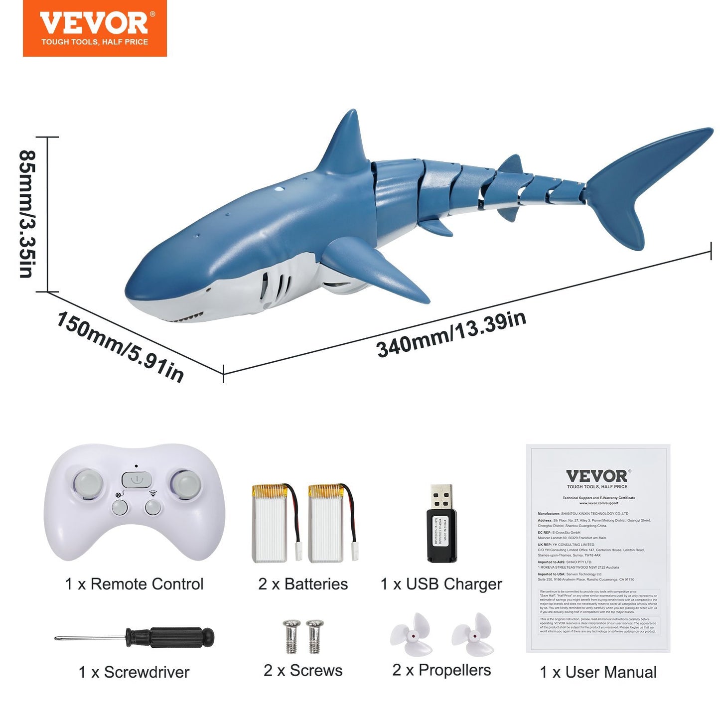 VEVOR Remote Control Shark Toy 2.4 GHz High Speed RC Boat For Kids Adults Gift
