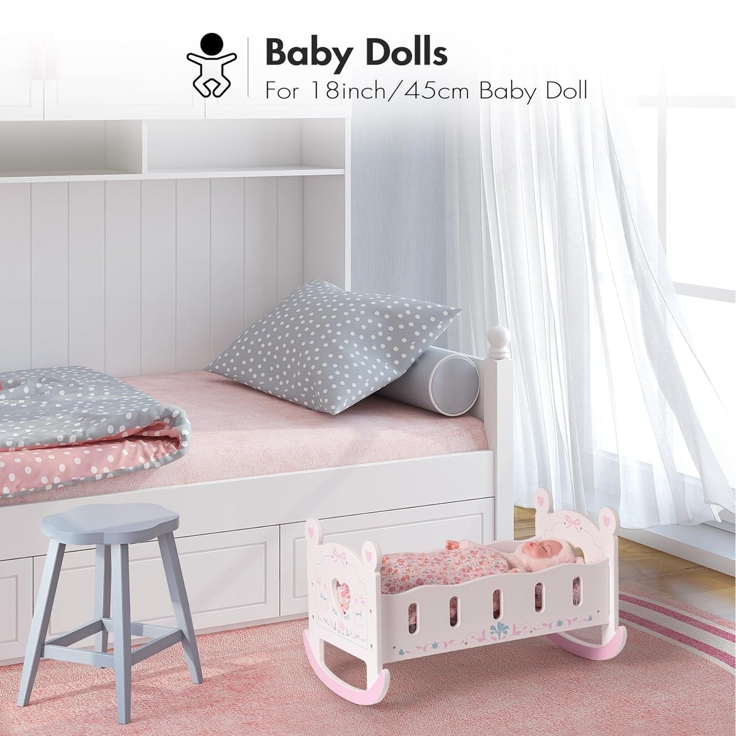 ROBOTIME Wooden Doll Cradle Rocking Baby Doll Crib Reversible Doll Bed For Girl