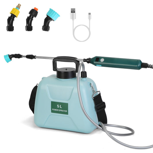 5L power sprayer with various nozzles and a USB cable on a white background